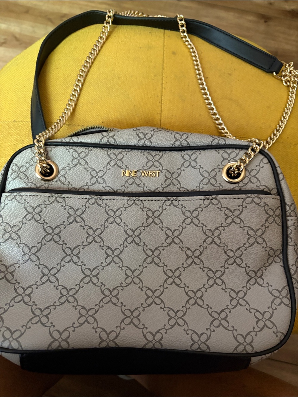 Nine West Beige Logo-Print Shoulder Bag with Gold Chain